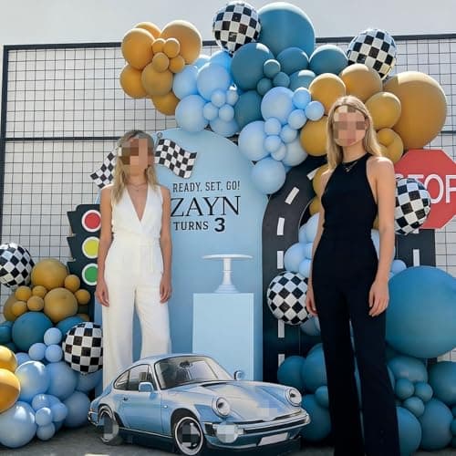 Race Car Balloon Garland Arch Kit 155Pcs Dusty Blue Yellow Latex Balloon Checkered Foil Balloons for Racing Car Truck Theme Two Fast 2nd Birthday Party Decorations - Thumbnail 4