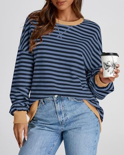 BTFBM Womens Oversized Striped Sweatshirt 2026 Spring Crewneck Long Sleeve Pullover Top Casual Y2K Clothes Workout Shirt(Blue Navy, Large) - Thumbnail 6