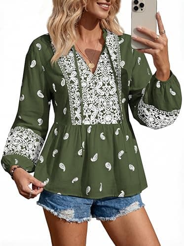 MASCOMODA Women Boho Babydoll Tops Spring Summer Casual V Neck Peplum Long Sleeve Blouses Flowy Shirts Beach Vacation Clothes(Army Green White Flower,Medium) - Thumbnail 3