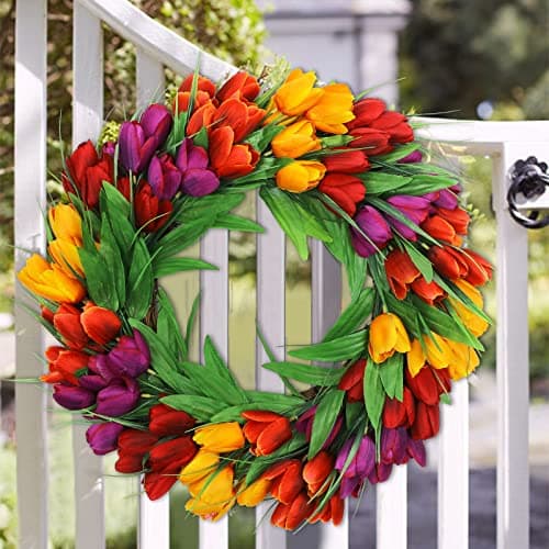 U'Artlines 20 Inch Tulip Wreath for Front Door, Spring Summer Silk Wreath with Green Leaves Artificial Tulip Flower Wreaths for All Seasons Window Wall Wedding Valentines Day Decor - Thumbnail 6
