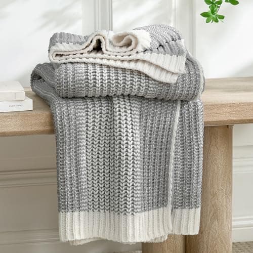 Amélie Home Premium Chenille Throw Blanket, Soft Cozy Luxury Two-Tone Knit Blanket for Couch, Sofa, Chair, Home Decor, Grey & Ivory 50"x60" - Image 1