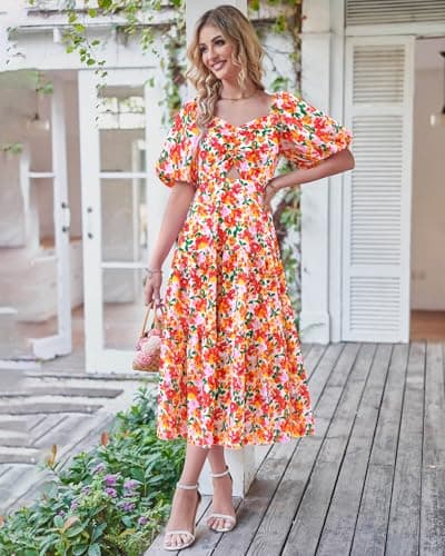 BTFBM Women's Clothing Spring Summer Dresses 2026 Beach Vacation Short Sleeve Smocked Back Boho Casual Floral Maxi Dress(Floral White Red, Medium) - Thumbnail 3