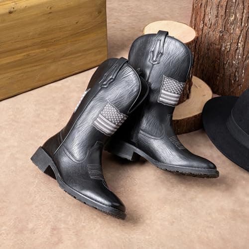 Jousen Cowboy Boots for Men with Flag Embroidery Square Toe Boots for Men Classic (AMY8423 black 09) - Thumbnail 2