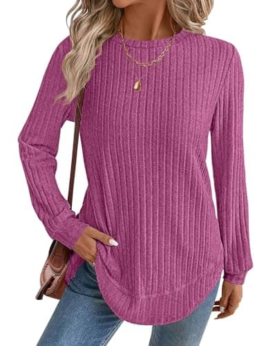 Women Long Sleeve Tunic Sweater Loose Fit Casual Tunic Tops Fall Lightweight Sweaters Dressy Blouses 2025 Fashion Shirts (Hot Pink, X-Large) - Image 1