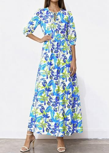 KIRUNDO Women Summer Beach Vacation Wedding Guest Dresses 2026 Spring Boho Floral 3/4 Sleeve Loose Cruise Flowy Maxi Dress(Blue Green, Large) - Thumbnail 5
