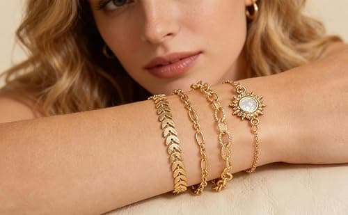 Bracelets Sets 14K Gold Plated Trendy Thin Dainty Stackable Cuban Link Paperclip Chain Leaf Sun Fashion Gifts Jewelry - Thumbnail 4