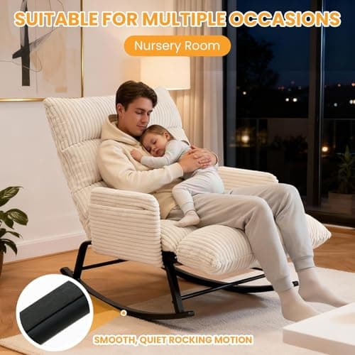 Tykacna Oversized Rocking Chair with Adjustable Backrest and Footrest, Outdoor Reading Chair - Chaise Lounge Chair Indoor, Comfy Corduroy Rocking Chair for Patio, Porch, Balcony, Living Room - Thumbnail 5