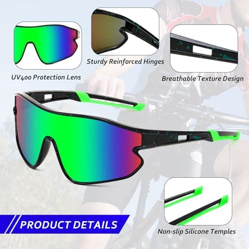 FEISEDY Unisex Youth Sunglasses, Teens Baseball Tennis Sunglasses, UV400 Sports Boys Girls Cycling Shades B4064 (Black Frame/Green Mirror) - Thumbnail 5