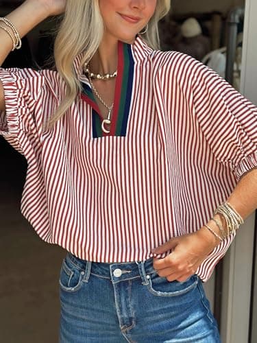 BKBEY Womens Striped Contrast Neck Shirts Elbow Puff Sleeve Dolman Blouse Top Red - Thumbnail 6