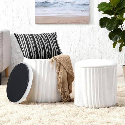 Canpsky Set of 2 Round Storage Ottomans, Velvet Footstool Pouf with Lid - Multi-Use Vanity Stool for Bedroom or Coffee Table/Footrest for Living Room（White） - Image 1