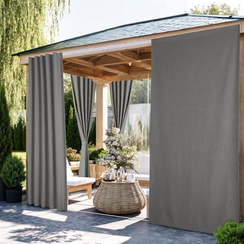 NICETOWN 100% Blackout Outdoor Curtains for Patio 2 Panels, Faux Linen Waterproof & Windproof Gazebo Curtains with Sticky-Back Top & Back Tab Bottom, Includes Straps, Rope, Screws, W52 xL96, Grey - Image 1