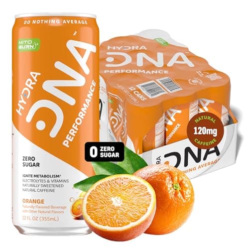 HYDRADNA- Clean Performance Drink, Zero Sugar | For Natural Fuel, Alertness, Boost, Stamina,120 mg Organic Caffeine, Natural Flavors, Zero Sucralose, Clean Ingredients (12 Pack) (12 Pack, Orange)