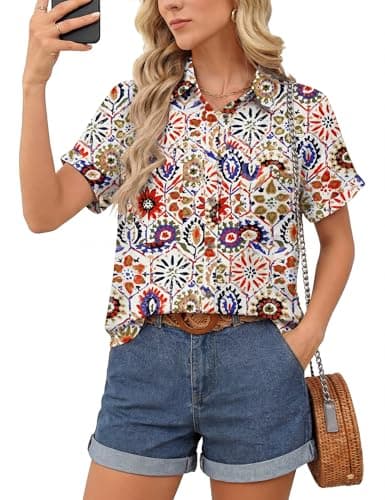 Kistore Womens Hawaiian Shirts Button Down Shirt with Pocket Short Sleeve Blouses Business Casual Work Tops Summer Outfits M - Image 1