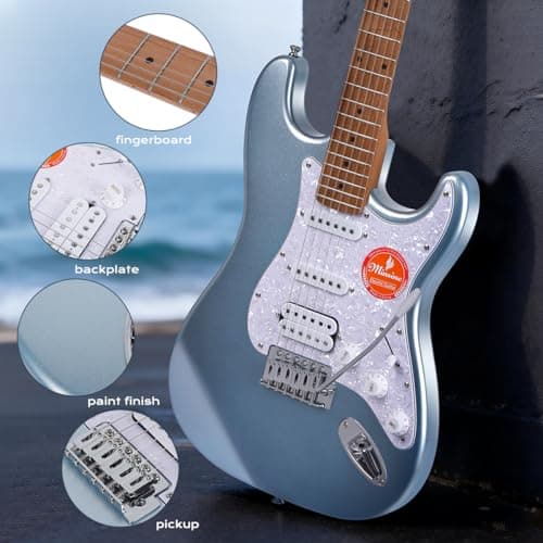 Bullstar Solid Body Electric Guitar Beginner Kit -39in Metal Electric Beginner Guitar Kits for Adults with Guitar Picks, Strap, Strings, Amp, Case, Metallic Finish, Guitarra Electrica(Blue) - Thumbnail 3