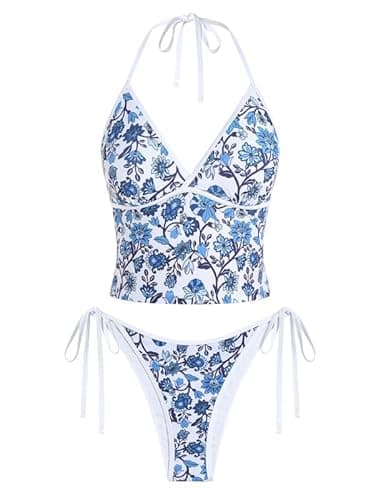 Jillumi Swim Suits for Women 2026 Halter V Neck Tankini Sets Floral Printed Bikini Swimsuits High Cut Tie Side Thong Bathing Suit Blue White Floral XL - Image 1
