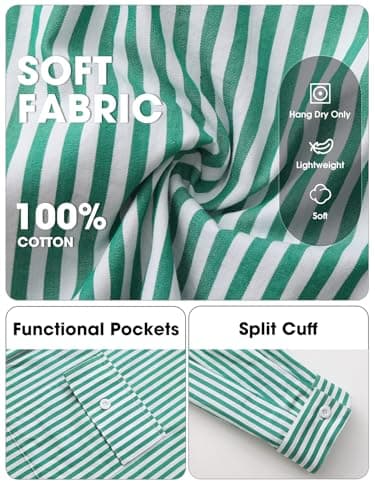 EXLURA Women's 100% Cotton Striped Cropped Button Down Shirt Long Sleeve Blouse Summer Casual Collared Crop Tops with Pockets Green - Thumbnail 6