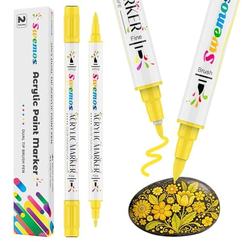 Swemos 2Pcs Yellow Acrylic Paint Pens Markers, Dual Tip with Fine Tip and Brush Tip Pens Acrylic Paint Markers Waterproof Acrylic Markers Set for Rock, Canvas Stone, Wood, Glass, Metal (YELLOW, 2) - Image 1