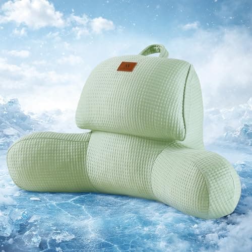 Amélie Home Premium Cooling Waffle Reading Pillow, Qmax>0.37 Ergonomic Back Support with Pocket & Handle, Breathable Lounging Pillow for Bed Sofa Floor Summer, Washable Cover, 17 Inches, Sage Green - Image 1