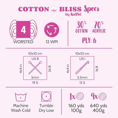 Cotton Bliss Soft Cotton Blend Yarn for Crocheting, 4-Pack (640Yds / 400G), Free Patterns, Beginners Friendly - #4 Medium Worsted Weight Yarn for Baby Blanket - Soft Buttercream - Thumbnail 4