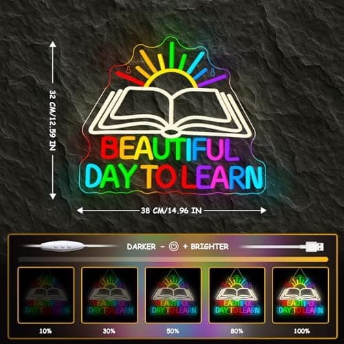 Beautiful Day Neon Sign To Learn Study Neon Signs for Classroom Wall Decor Rainbow LED Lights Up Classroom Bedroom in Reading Corner Decor Library LED Sign Study Office Gifts for Teens - Thumbnail 4