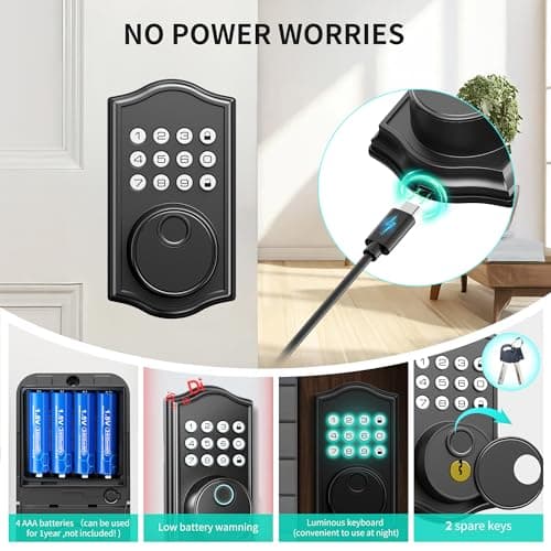 Keyless Entry Door Lock Deadbolt with Handle Set,Fingerprint Smart Locks for Front Door,Backlit Digital Keypad Deadbolt with 2 Keys - Auto Locking - Easy Installation-Left/Right Doors (Matte Black) - Thumbnail 6