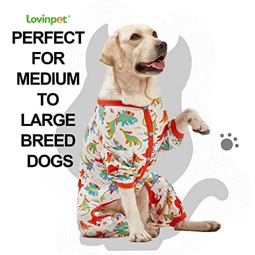 LovinPet Large Dog Pajamas, Undershirt for Dog Coats, Anti Licking, Pitbull Clothes, Pet Anxiety Calming Onesies for Dogs, White Dinos Print, Pet Pajamas for Dogs, Pitbull Shirt, L - Thumbnail 3