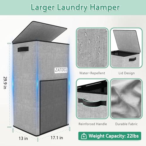 Laundry Hamper with Lid 110L, Large & Tall Laundry Basket with Removable Bag & Front Mesh Bag, Collapsible Dirty Clothes Hampers for Bedroom Aesthetic, Bathroom, Dorm, Laundry Room - Easy Carry, Grey - Thumbnail 2