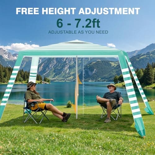 Rhino Valley Beach Cabana, 8 * 8FT Beach Tent UPF50+ Protection, Easy Setup Beach Canopy Wind Resistant with Cup Holder, Compact Beach Shade Foldable Beach Tent Sun Shelter, Green White - Thumbnail 6