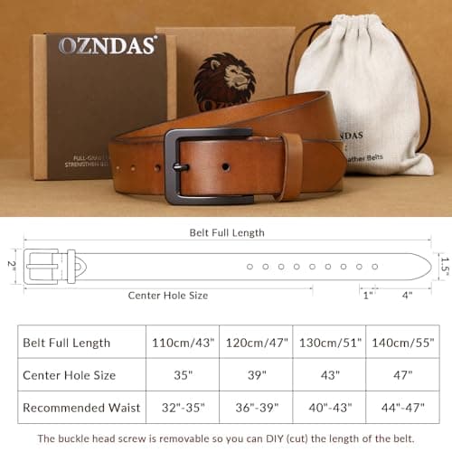 OZNDAS Men's Leather Belt Full Grain Leather Belts for Men Handmade Real Solid Top-Grain Leather Heavy-Duty Work Belt Gifts Brown Leather Belt for Wasit 40"-43" - Thumbnail 6