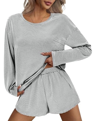 JUSTFASHIONNOW Long Sleeve Pajamas for Women Striped Two Piece Lounge Set Travel Outfits Loungewear Sweatsuit Split Short Sets Soft Outfits Casual Crew Neck Sleepwear Pjs (Grey Black, Medium) - Thumbnail 2