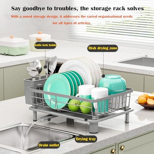 Dish Drying Rack, Stainless Steel Dish Racks for Kitchen Counter, Sink Organization and Storage Essentials, Kitchen Organizer for Forks, Spoons Dishes,Cup and Bottle (Grey, 14.96''*11.02''*6.69'') - Thumbnail 3