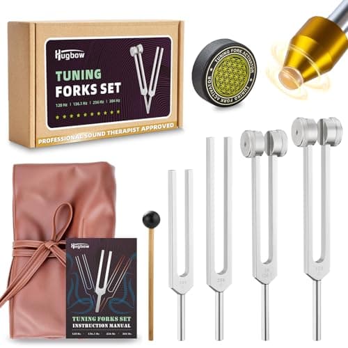 Hugbow Tuning Forks for Healing, Aluminum Alloy Tuning Fork 128Hz, 136.1Hz, 256Hz, 384Hz, Hockey Puck Activator & feet, Weighted & Unweighted Tuning Fork Set with Vegan Leather Pouch