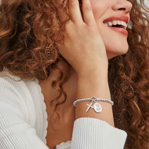14K Gold Plated Bead Cross Bracelet, Virgin Mary Cross Bracelet for Women, Dainty Stretch Bead Bracelet, Religious Jewelry for Catholic Baptism Confirmation Easter Gifts(Catholic Confirmation-Silver) - Thumbnail 2
