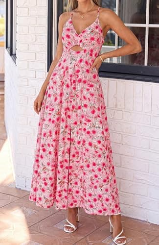 BTFBM Summer Dresses for Women 2026 Spring Floral Spaghetti Strap Smocked Cutout Maxi Dress Resort Beach Vacation Outfit(Floral Red, XX-Large) - Thumbnail 4