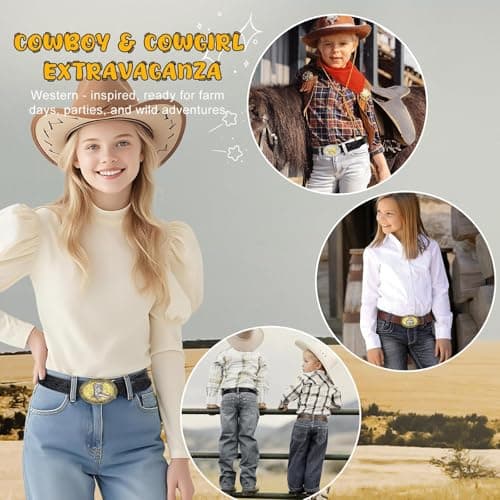 Kids Western Belt for Boys Girls Embossed Cowboy Cowgirl Genuine Leather Kid Western Buckle Belts for Jeans Gifts - Thumbnail 6