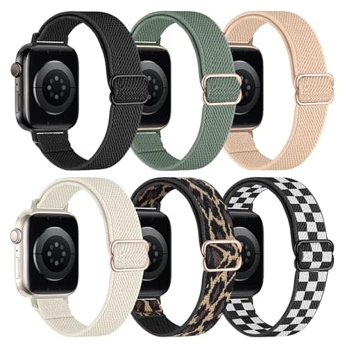 6 Pack Slim Stretchy Bands Compatible with Apple Watch Band 40mm 41mm 42mm 38mm 44mm 45mm 46mm 49mm Women Men, Soft Fashion Nylon Braided Elastic Strap for iWatch Series 11 10 SE 9 8 7 6 5 4 3 2 1 Ultra 2 (6p01, 42MM(Series 3)/44MM/45MM/46MM/49MM) - Thumbnail 6