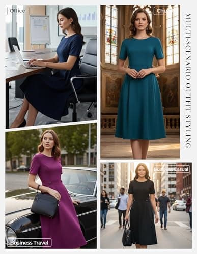 GRACE KARIN Summer Church Dresses for Women 2026 Short Sleeve A Line Work Dresses Fit and Flare Midi Dress with Pockets Gray Pink L - Thumbnail 2