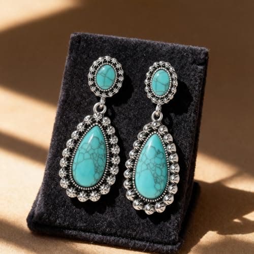 BAYLAY Boho Turquoise Earrings for Women-Western Silver Earrings Silver and Turquoise Jewelry for Women Western Earring Studs Elegant Women's Jewelry Perfect Gifts for Mom Wife Girlfriend - Thumbnail 5