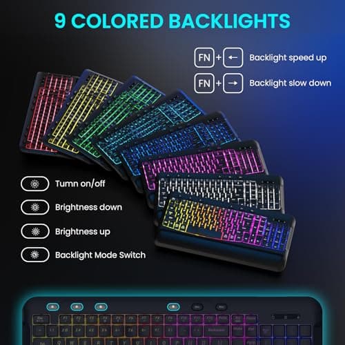 COLIKES Ergonomic Wave Wireless Keyboard and Mouse Combo - Soft Leather Wrist Rest, RGB Backlit, Silent Keys, Rechargeable Set for Computer/Windows/Mac (Black) - Thumbnail 3