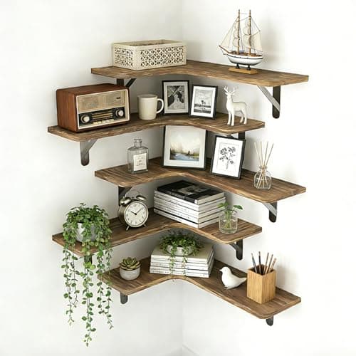 ZOESEEK Corner Floating Shelves, Set of 5 L-Shape Wood Wall Mounted Shelves for Bathroom Kitchen Bedroom Living Room Laundry Room Home Decor, Wood Corner Shelves Rustic Brown