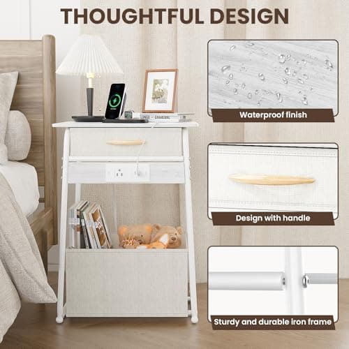 Olldide 3-Tier Bedside Table with Charging Station, Modern Nightstand with USB Port & Power Outlet, Square Side Table with Fabric Basket for Bedroom, Living Room (White) - Thumbnail 6