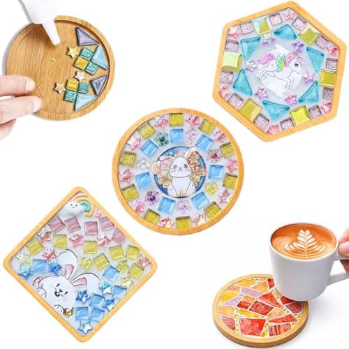 GHAHILI Easter Spring Decor Bunny Basket Stuffers 3 Sets DIY Glass Mosaic Tiles for Crafts with Wooden Coasters Mosaic Art Kits Craft Coaster for Adults Women Mixed Color Handmade Decorations for Home - Image 1