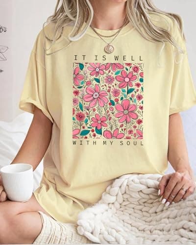 MiraElley Christian Shirts Women It is Well with My Soul Shirt Vintage Bible Verse Boho Wildflowers Floral Graphic Tees Beige - Thumbnail 2