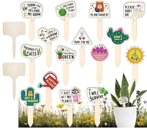 JIAANNING Plant Labels for Outdoor Garden Waterproof, 17 Pack T-Type Garden Markers Sign, Funny Wooden Plant Labels for Seedling Potted Herbs Flowers Vegetables, Plant Identification Stakes (Funny)