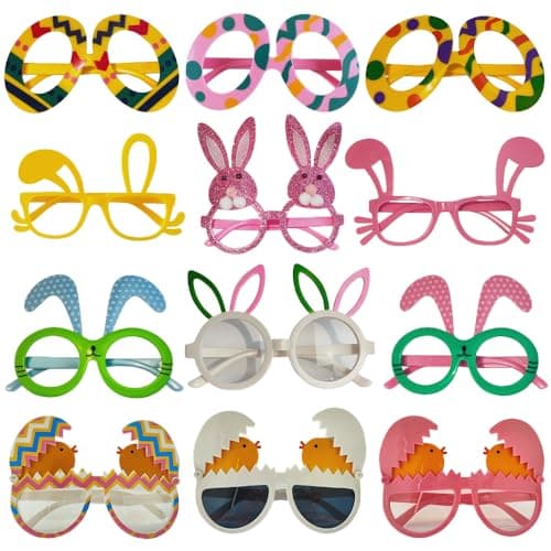 JAKADYUKS 12pcs Easter Party Glasses Set, Chick, Bunny, Egg Shapes, Multicolor, Pink, Yellow, White, Novelty Style, Perfect for Photo Booth Props, Party Favors & Decorations - Image 1