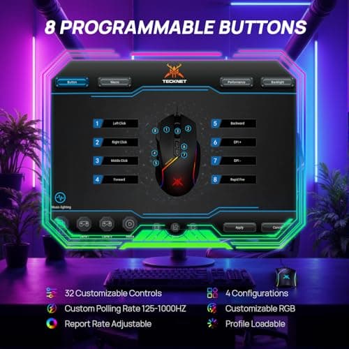 TECKNET Wired Gaming Mouse, 12,800 DPI with Optical Sensor, 8 Programmable Buttons, 13 RGB Backlit Modes, Ergonomic Design, Custom Software Gaming Mice for Laptop,PC - Thumbnail 3