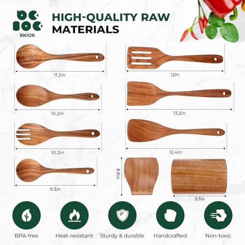 Bkiok Teak Wood Utensil Set, Wooden Utensils set for Kitchen Handmade Cooking Utensil Set with Spoon Rest and Utensils Holder (9Pcs) - Thumbnail 4