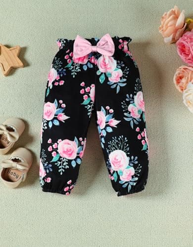 FAMIHAO Big Sister Little Sister Matching Outfits Ruffle Long Sleeve Shirt Floral Pants Headband Toddler Girl Clothes 3Pcs,2-3T Pink&Black - Thumbnail 6
