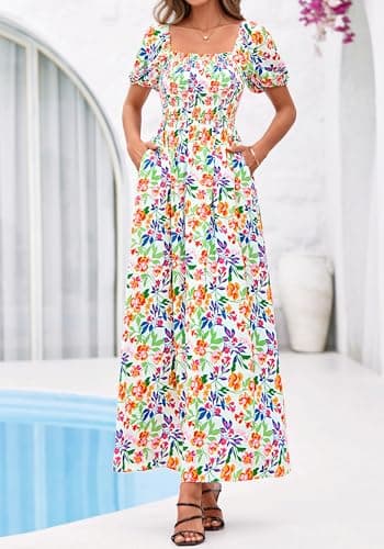 BTFBM Womens Spring Summer Dresses 2026 Square Neck Puff Short Sleeve Smocked Floral Boho Beach Wedding Guest Maxi Dress(Floral Light Green Multi, Large) - Thumbnail 6