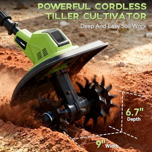 EnduTools Cordless Tiller Cultivator - 21V 360RPM Electric Garden Tiller with 2 * 4.0Ah Batteries & Fast Charger, 9In Tilling Width and 6.7In Depth, Tiller for Gardening, Lawn, Soil - Thumbnail 2